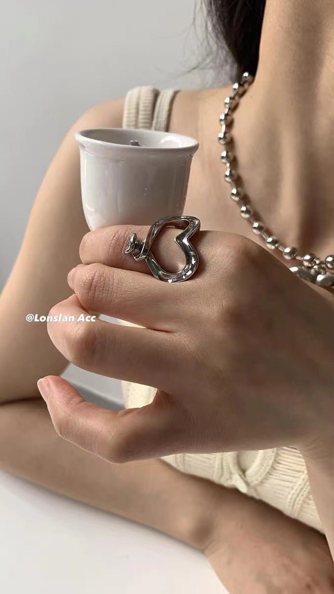 Ins Style Design Texture Ring French Retro Asymmetrical Heart-Shaped Ring Silver Personalized Elegant Ring - Image 1